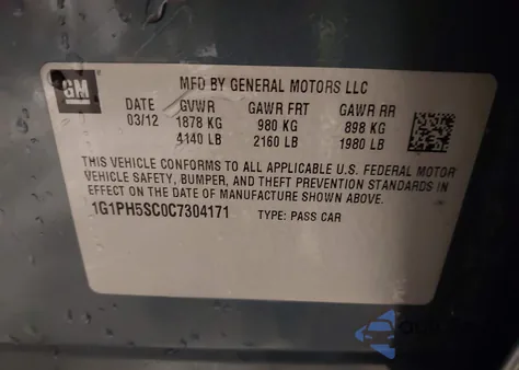 2012 Chevrolet Cruze Ltz z USA, uszkodzony, nr VIN 1G1PH5SC0C7304171